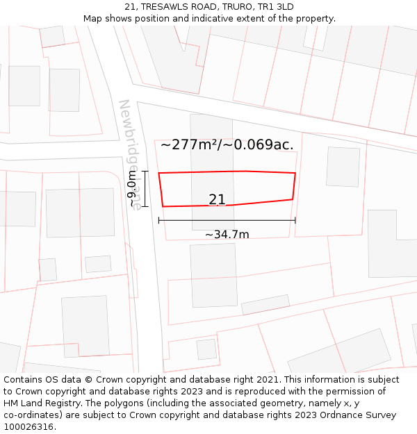 21, TRESAWLS ROAD, TRURO, TR1 3LD: Plot and title map