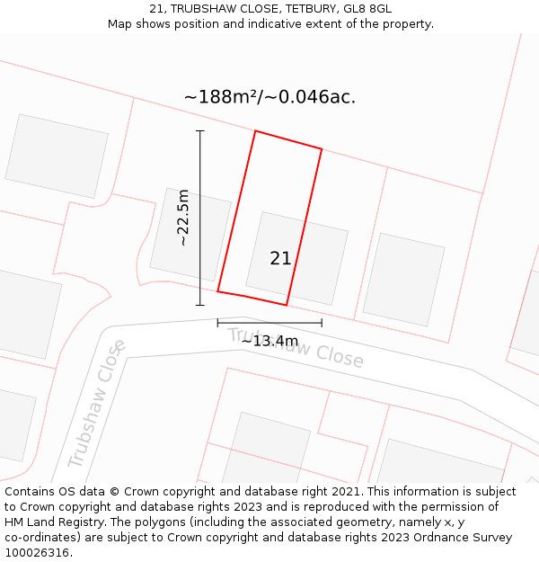 21, TRUBSHAW CLOSE, TETBURY, GL8 8GL: Plot and title map