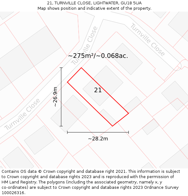 21, TURNVILLE CLOSE, LIGHTWATER, GU18 5UA: Plot and title map