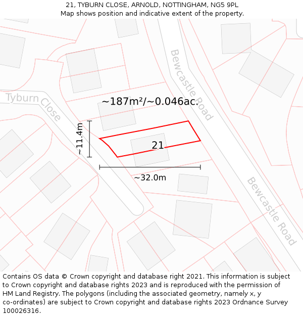 21, TYBURN CLOSE, ARNOLD, NOTTINGHAM, NG5 9PL: Plot and title map