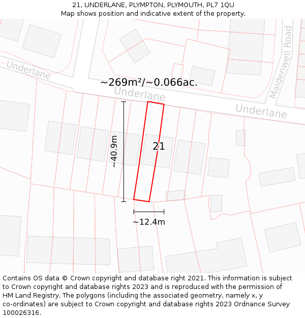 21, UNDERLANE, PLYMPTON, PLYMOUTH, PL7 1QU: Plot and title map