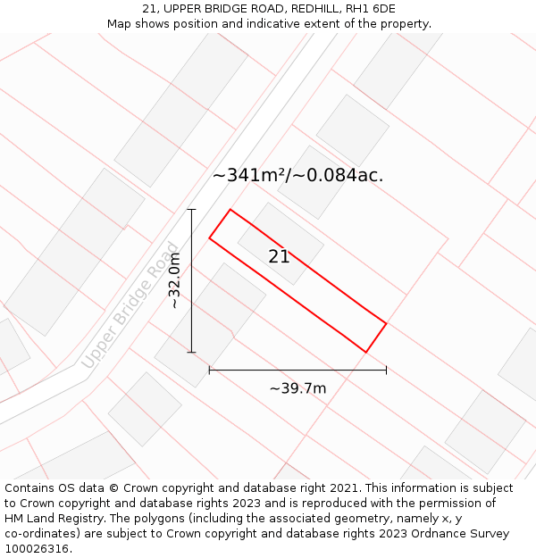 21, UPPER BRIDGE ROAD, REDHILL, RH1 6DE: Plot and title map