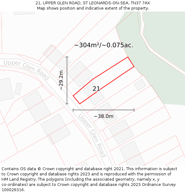 21, UPPER GLEN ROAD, ST LEONARDS-ON-SEA, TN37 7AX: Plot and title map