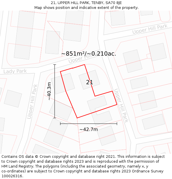 21, UPPER HILL PARK, TENBY, SA70 8JE: Plot and title map