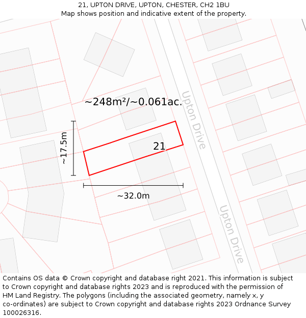 21, UPTON DRIVE, UPTON, CHESTER, CH2 1BU: Plot and title map