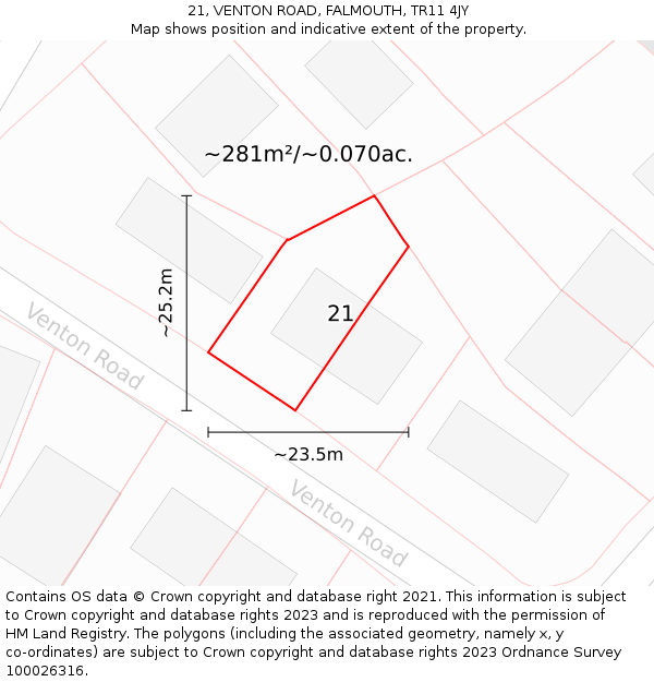 21, VENTON ROAD, FALMOUTH, TR11 4JY: Plot and title map