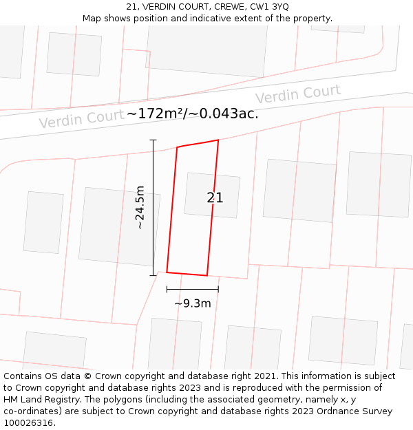 21, VERDIN COURT, CREWE, CW1 3YQ: Plot and title map