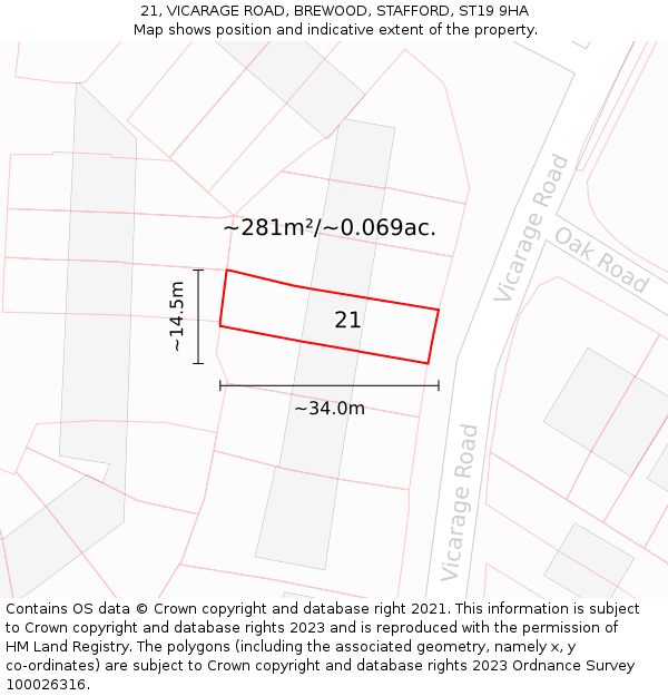 21, VICARAGE ROAD, BREWOOD, STAFFORD, ST19 9HA: Plot and title map