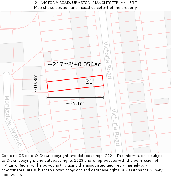 21, VICTORIA ROAD, URMSTON, MANCHESTER, M41 5BZ: Plot and title map