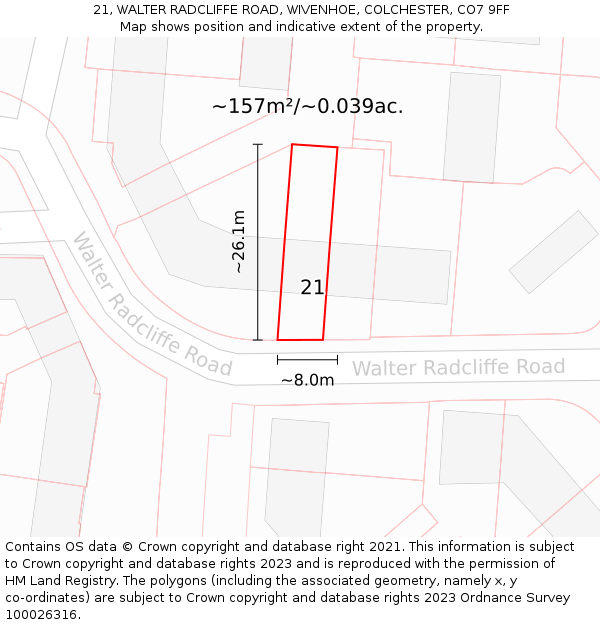 21, WALTER RADCLIFFE ROAD, WIVENHOE, COLCHESTER, CO7 9FF: Plot and title map