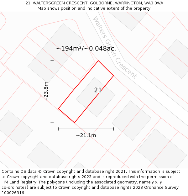 21, WALTERSGREEN CRESCENT, GOLBORNE, WARRINGTON, WA3 3WA: Plot and title map