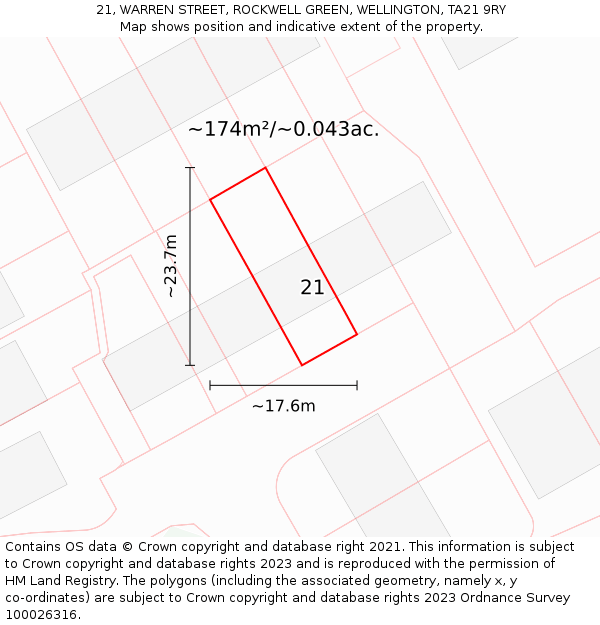 21, WARREN STREET, ROCKWELL GREEN, WELLINGTON, TA21 9RY: Plot and title map