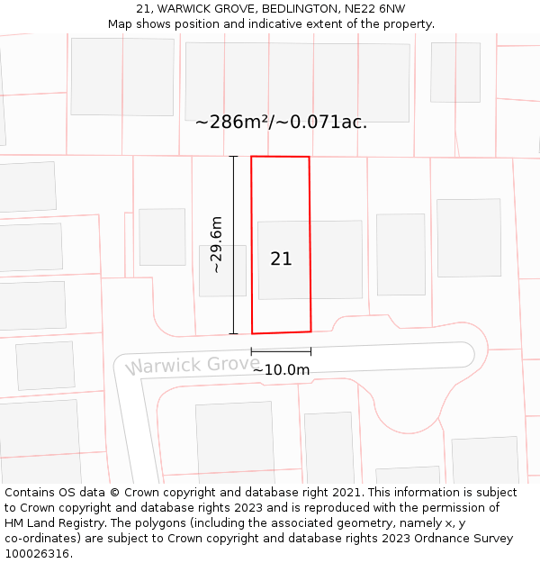 21, WARWICK GROVE, BEDLINGTON, NE22 6NW: Plot and title map