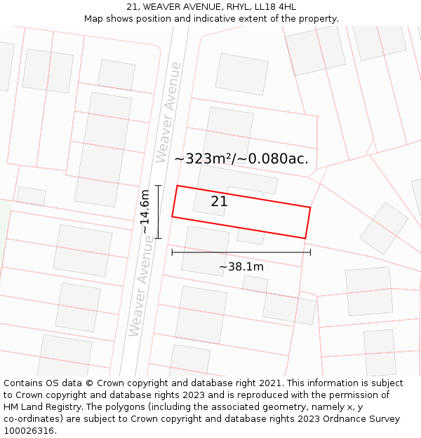 21, WEAVER AVENUE, RHYL, LL18 4HL: Plot and title map