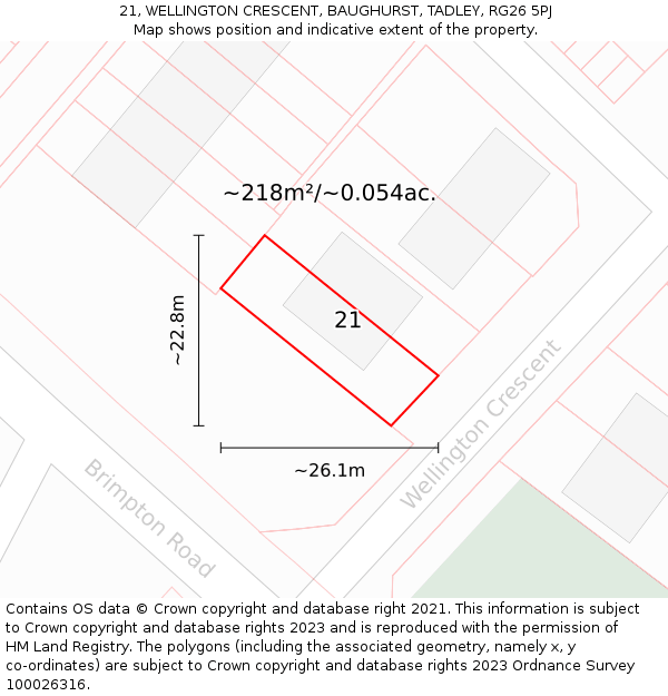 21, WELLINGTON CRESCENT, BAUGHURST, TADLEY, RG26 5PJ: Plot and title map