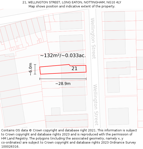 21, WELLINGTON STREET, LONG EATON, NOTTINGHAM, NG10 4LY: Plot and title map