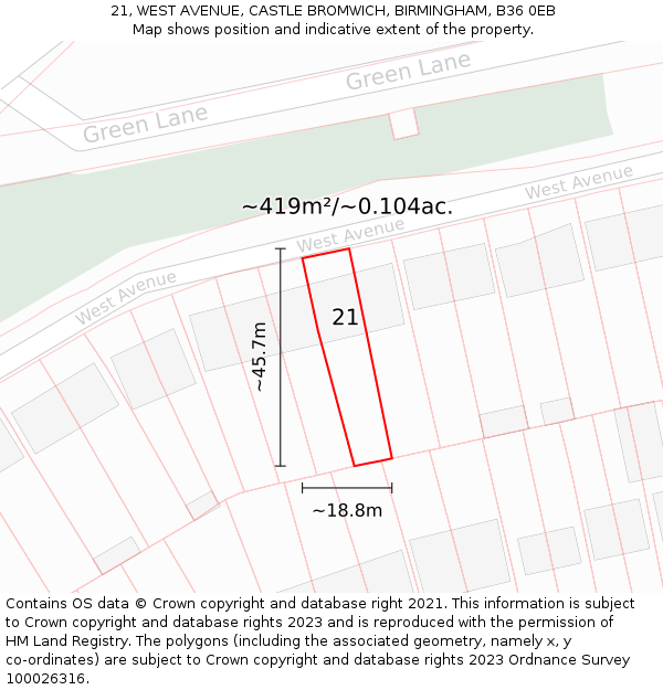 21, WEST AVENUE, CASTLE BROMWICH, BIRMINGHAM, B36 0EB: Plot and title map