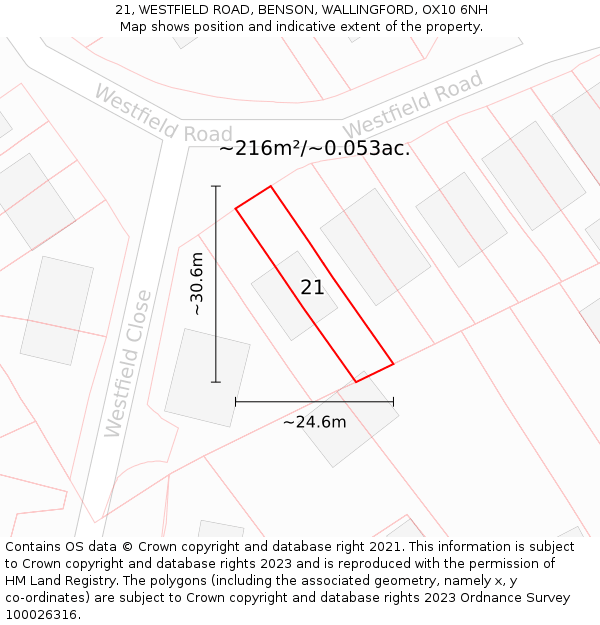 21, WESTFIELD ROAD, BENSON, WALLINGFORD, OX10 6NH: Plot and title map