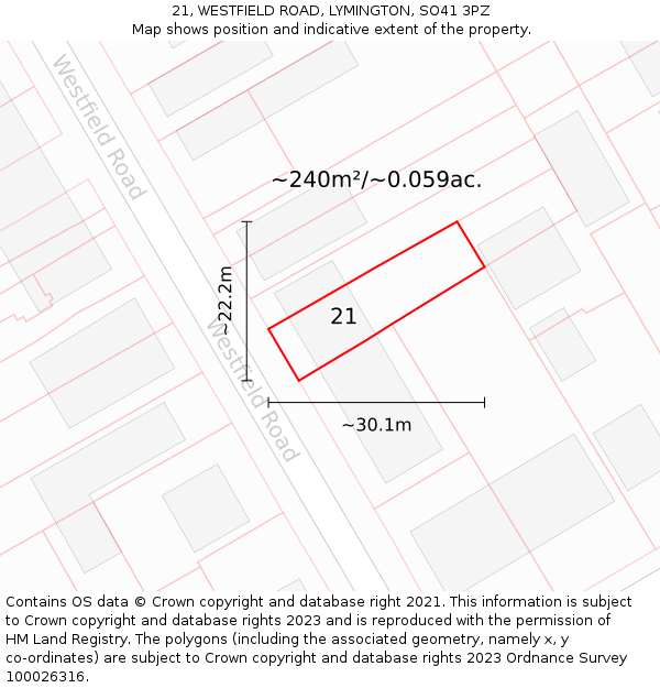 21, WESTFIELD ROAD, LYMINGTON, SO41 3PZ: Plot and title map