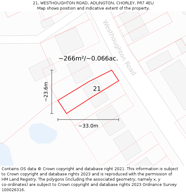 21, WESTHOUGHTON ROAD, ADLINGTON, CHORLEY, PR7 4EU: Plot and title map