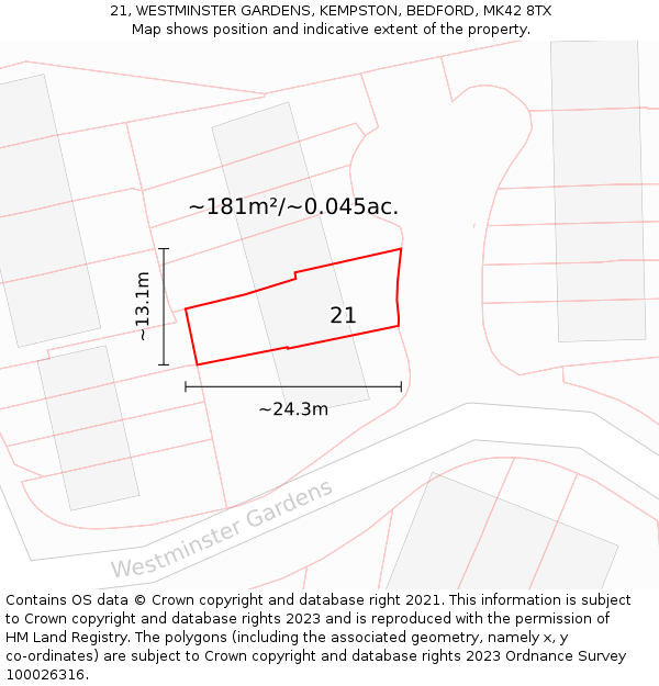 21, WESTMINSTER GARDENS, KEMPSTON, BEDFORD, MK42 8TX: Plot and title map