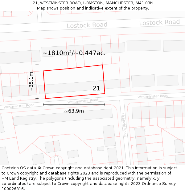 21, WESTMINSTER ROAD, URMSTON, MANCHESTER, M41 0RN: Plot and title map