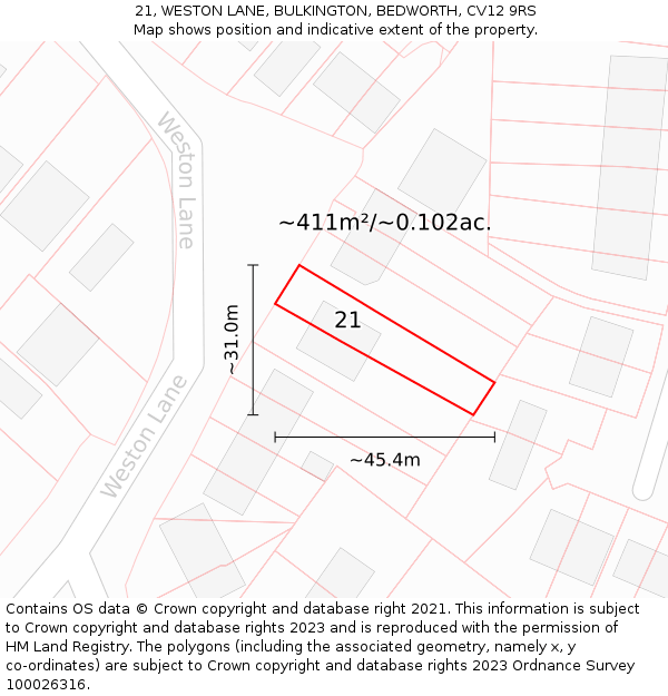 21, WESTON LANE, BULKINGTON, BEDWORTH, CV12 9RS: Plot and title map