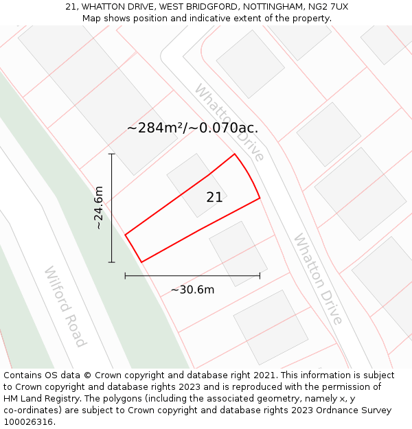 21, WHATTON DRIVE, WEST BRIDGFORD, NOTTINGHAM, NG2 7UX: Plot and title map