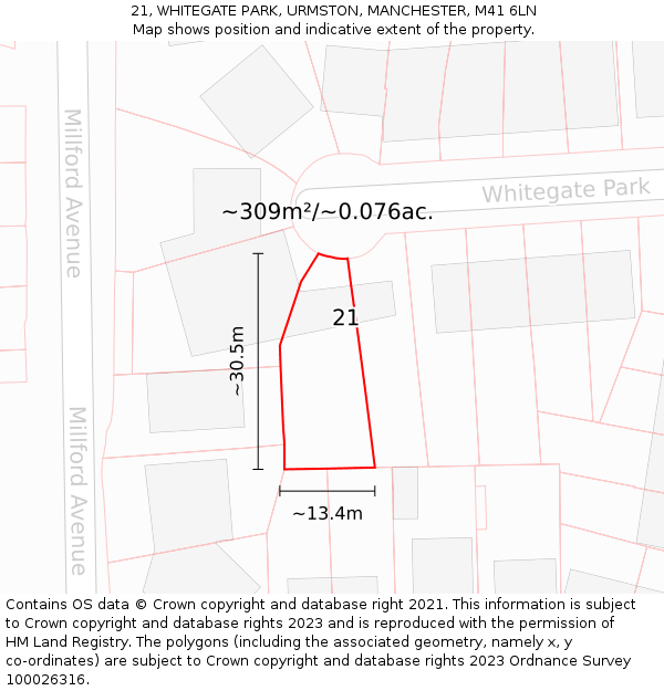 21, WHITEGATE PARK, URMSTON, MANCHESTER, M41 6LN: Plot and title map