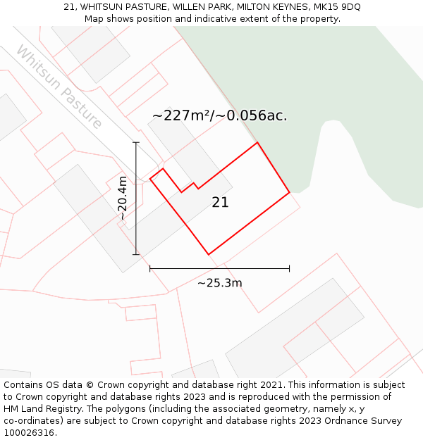 21, WHITSUN PASTURE, WILLEN PARK, MILTON KEYNES, MK15 9DQ: Plot and title map