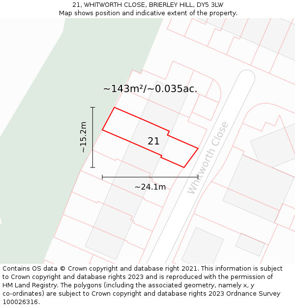 21, WHITWORTH CLOSE, BRIERLEY HILL, DY5 3LW: Plot and title map