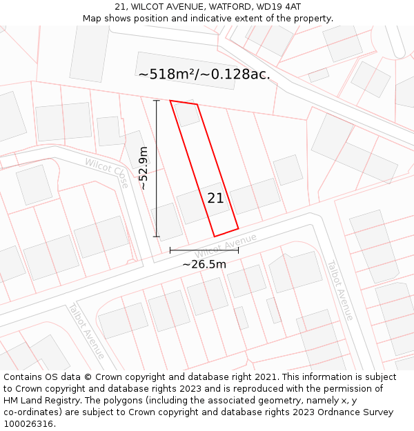 21, WILCOT AVENUE, WATFORD, WD19 4AT: Plot and title map