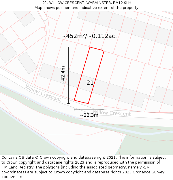 21, WILLOW CRESCENT, WARMINSTER, BA12 9LH: Plot and title map