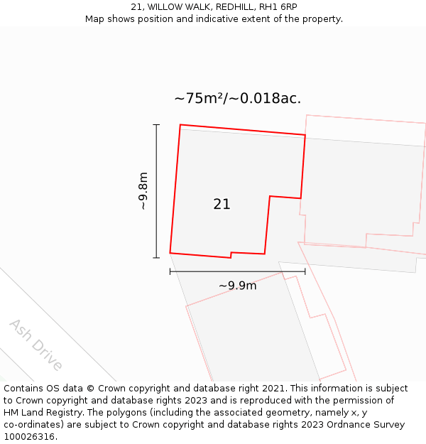 21, WILLOW WALK, REDHILL, RH1 6RP: Plot and title map