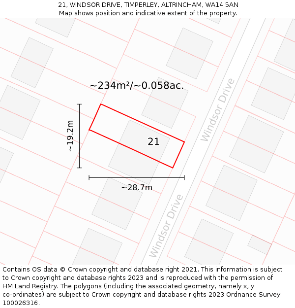 21, WINDSOR DRIVE, TIMPERLEY, ALTRINCHAM, WA14 5AN: Plot and title map