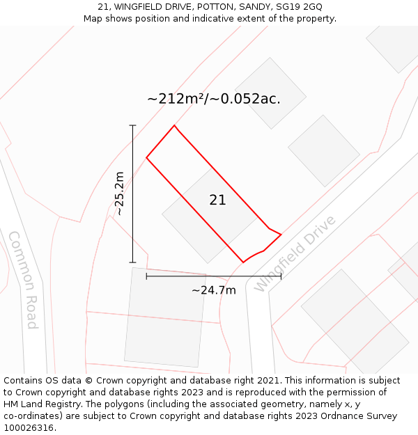 21, WINGFIELD DRIVE, POTTON, SANDY, SG19 2GQ: Plot and title map