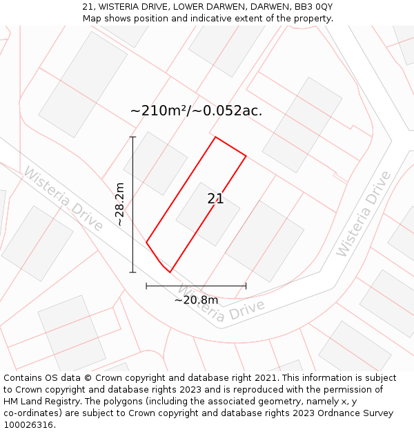 21, WISTERIA DRIVE, LOWER DARWEN, DARWEN, BB3 0QY: Plot and title map