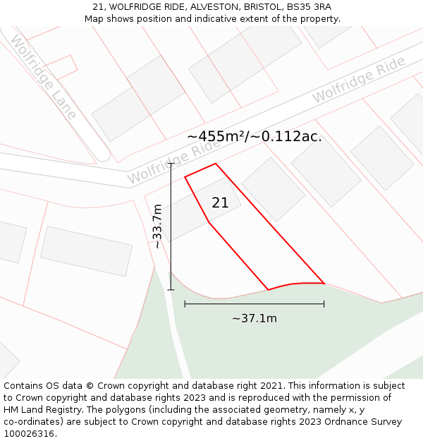 21, WOLFRIDGE RIDE, ALVESTON, BRISTOL, BS35 3RA: Plot and title map