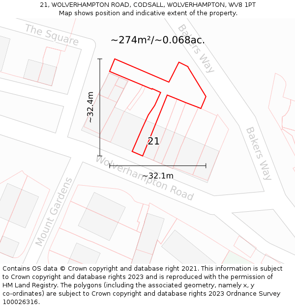 21, WOLVERHAMPTON ROAD, CODSALL, WOLVERHAMPTON, WV8 1PT: Plot and title map