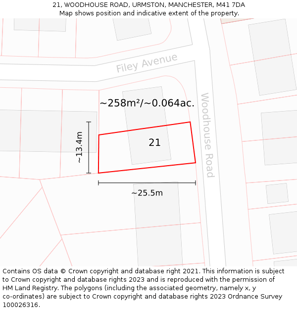 21, WOODHOUSE ROAD, URMSTON, MANCHESTER, M41 7DA: Plot and title map