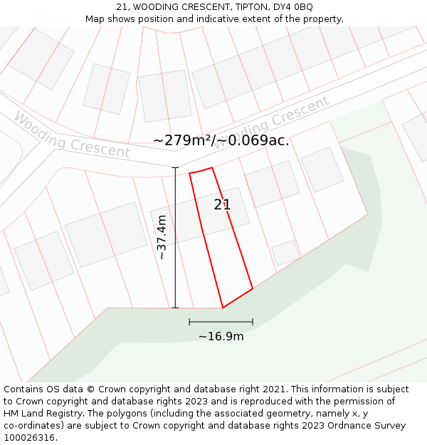 21, WOODING CRESCENT, TIPTON, DY4 0BQ: Plot and title map