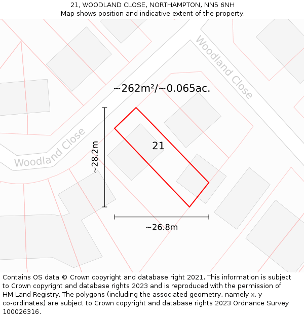 21, WOODLAND CLOSE, NORTHAMPTON, NN5 6NH: Plot and title map