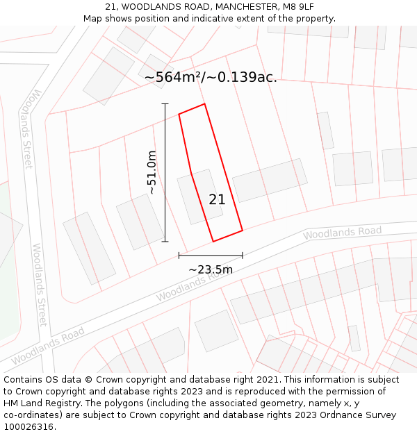 21, WOODLANDS ROAD, MANCHESTER, M8 9LF: Plot and title map