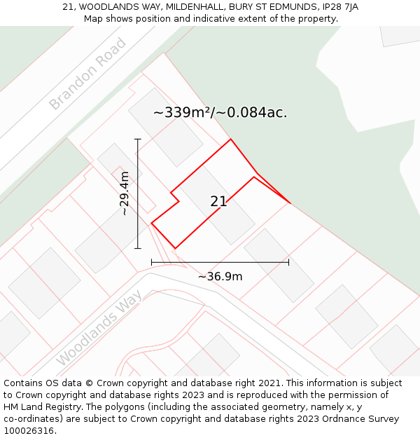 21, WOODLANDS WAY, MILDENHALL, BURY ST EDMUNDS, IP28 7JA: Plot and title map
