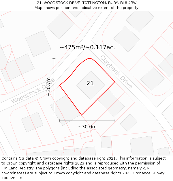 21, WOODSTOCK DRIVE, TOTTINGTON, BURY, BL8 4BW: Plot and title map