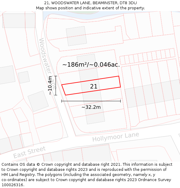 21, WOODSWATER LANE, BEAMINSTER, DT8 3DU: Plot and title map