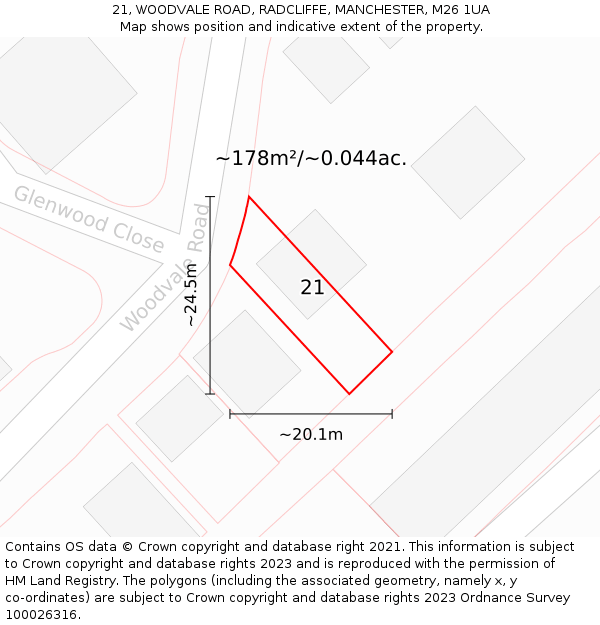 21, WOODVALE ROAD, RADCLIFFE, MANCHESTER, M26 1UA: Plot and title map