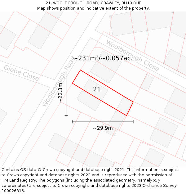 21, WOOLBOROUGH ROAD, CRAWLEY, RH10 8HE: Plot and title map