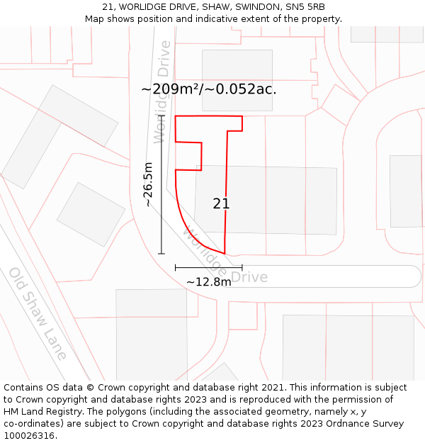 21, WORLIDGE DRIVE, SHAW, SWINDON, SN5 5RB: Plot and title map