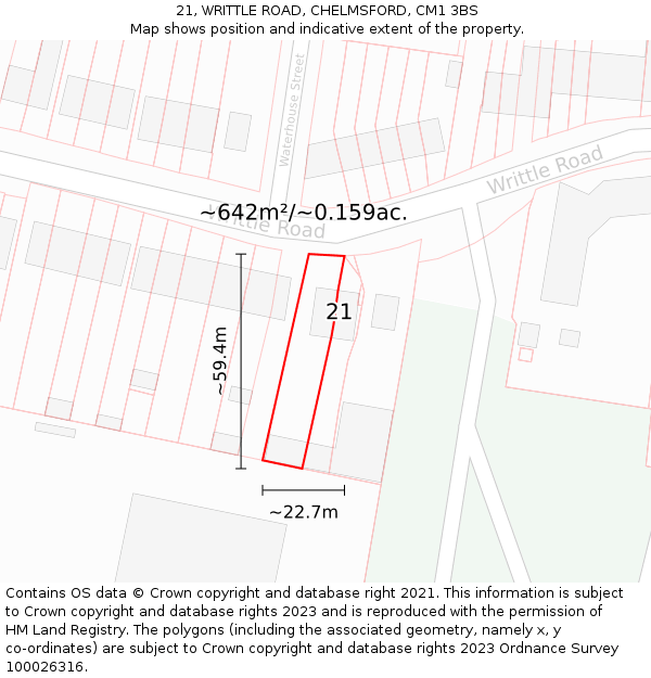 21, WRITTLE ROAD, CHELMSFORD, CM1 3BS: Plot and title map